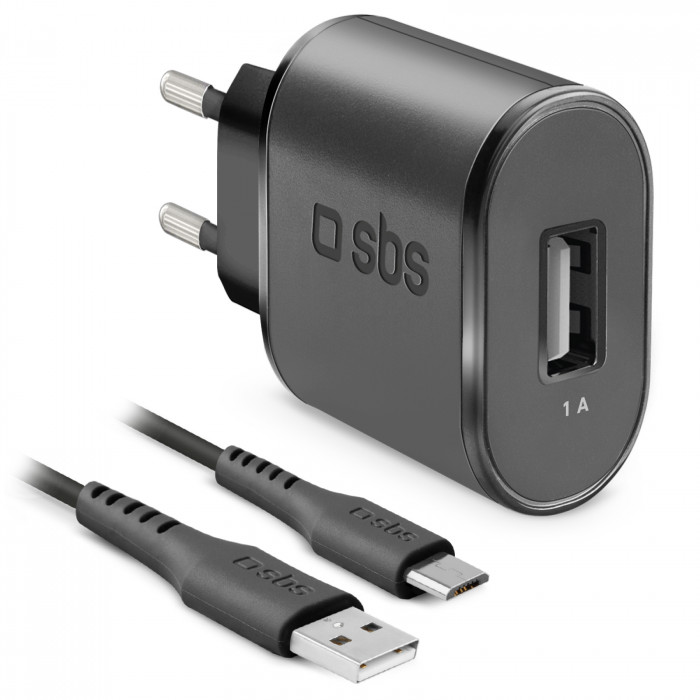 SBS Caricabatterie da 1 A con uscita USB da 1A e Presa Europea Cavo Micro USB
