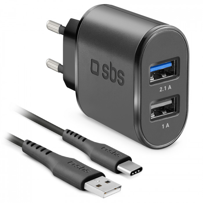 SBS Caricatore per 2 Dispositivi con Cavo USB e USB-C Incluso