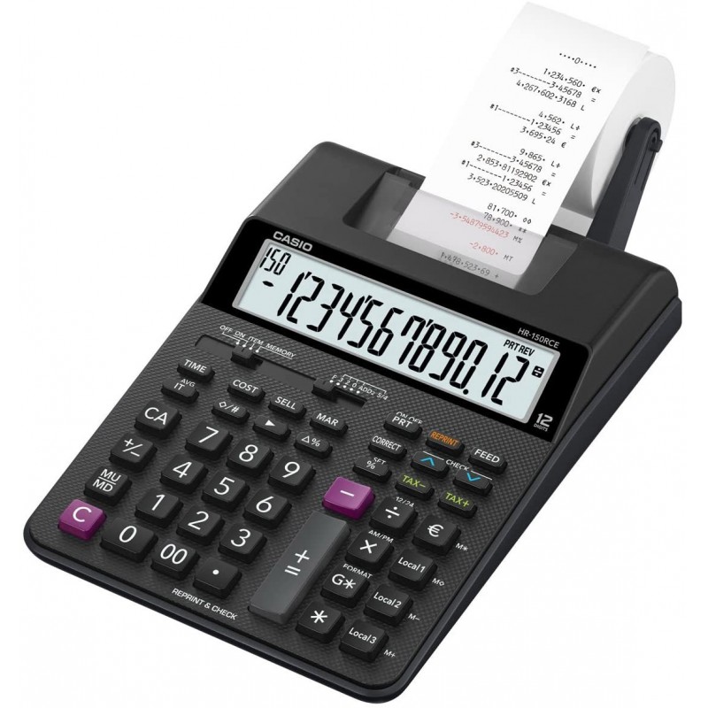 Casio HR150RCEWBEC Calcolatrice Scrivente 12 Cifre Alimentatore Stampa 2 Colori